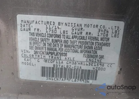 2015 Nissan Versa 1.6 Sv from USA, damaged, VIN 3N1CN7AP9FL879936